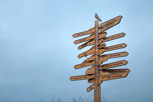 a wooden sign with destinations